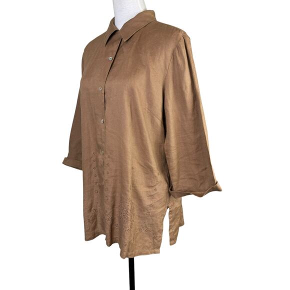 EColOGie Brown 100% Linen Embroidered Medallion Pattern Button Up 3/4 Sleeve Top - Picture 4 of 11